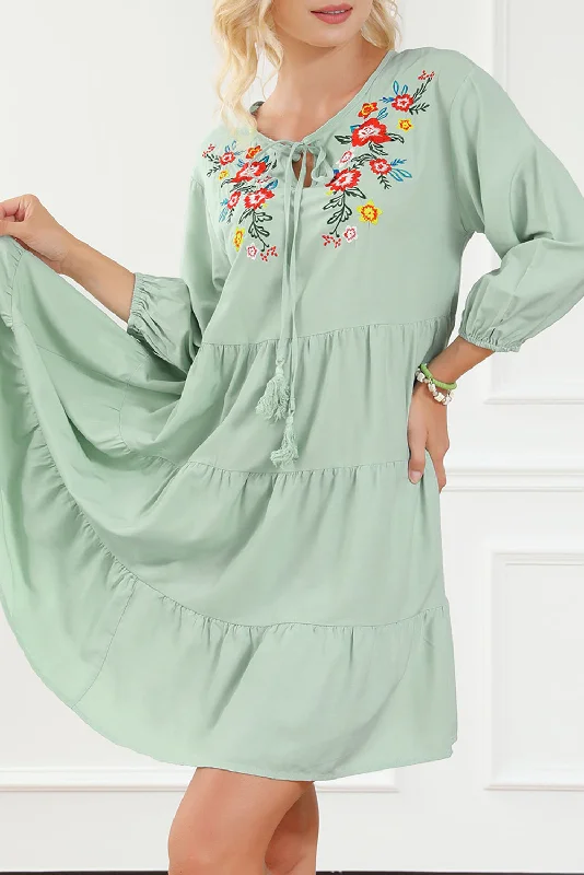 Great Deals Green Floral Embroidery Tiered Ruffle Hem Dress