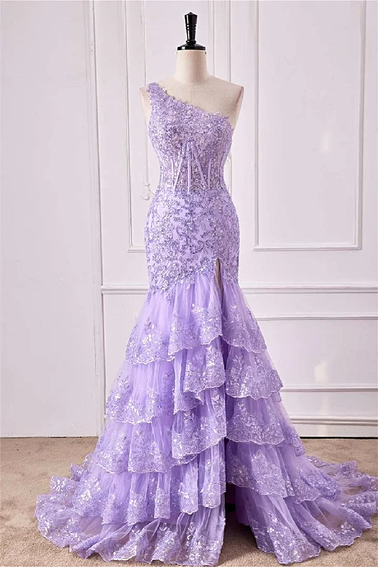 backless dressLavender One Shoulder Floral Layers Mermaid Long Prom Dress with Slit