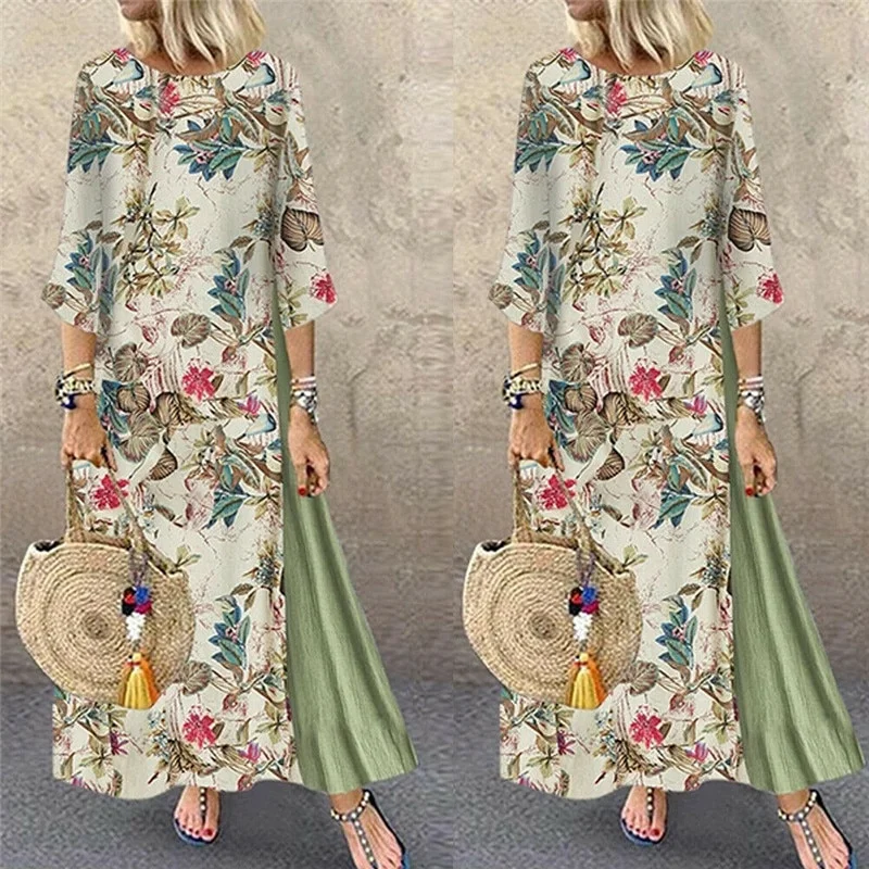 stylish party dressWomen Floral Print O-Neck 3/4 Sleeve Casual Belted Maxi Dresses