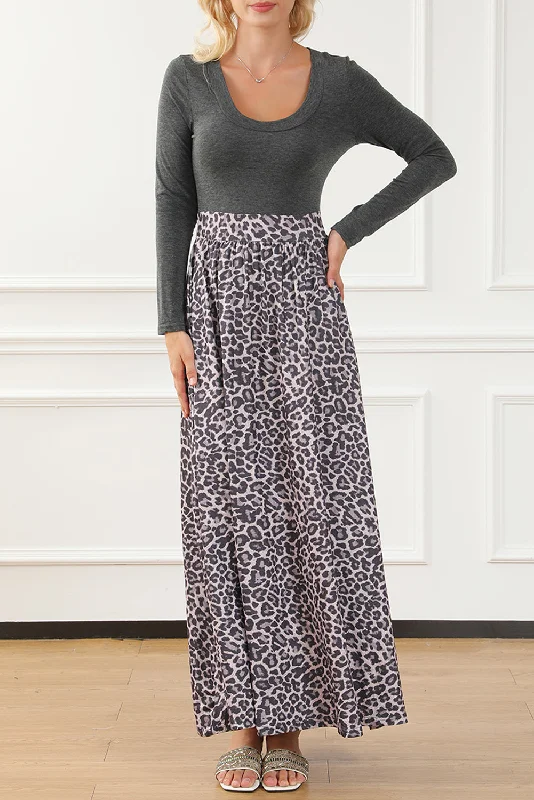 Deal Dash Black Long Sleeve Fitted Bodice Leopard Maxi Dress