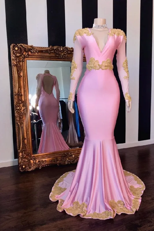 Don’t Miss Out V-neck Long Sleevess Open Back Pink Mermaid Appliques Prom Gowns