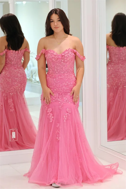 elegant evening dressPink Off-Shoulder Floral Appliques Mermaid Long Prom Dress