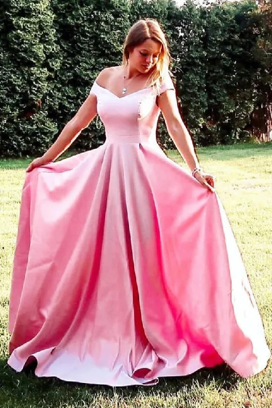 Overstock Sale modern dressSimple A-Line Off Shoulder Pink Long Prom Dress