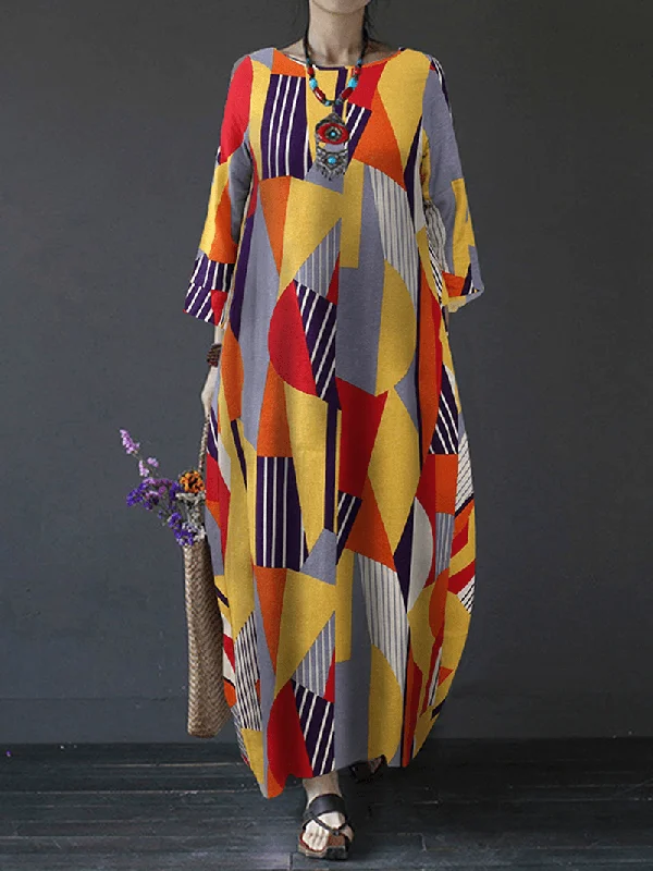 casual knit dressLong Sleeve O-Neck Geometry Print Loose Cotton Baggy Maxi Dress