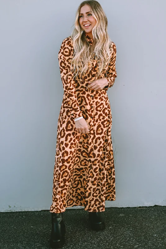 Stock Clearance Leopard Button-Up Long Sleeve Maxi Dress