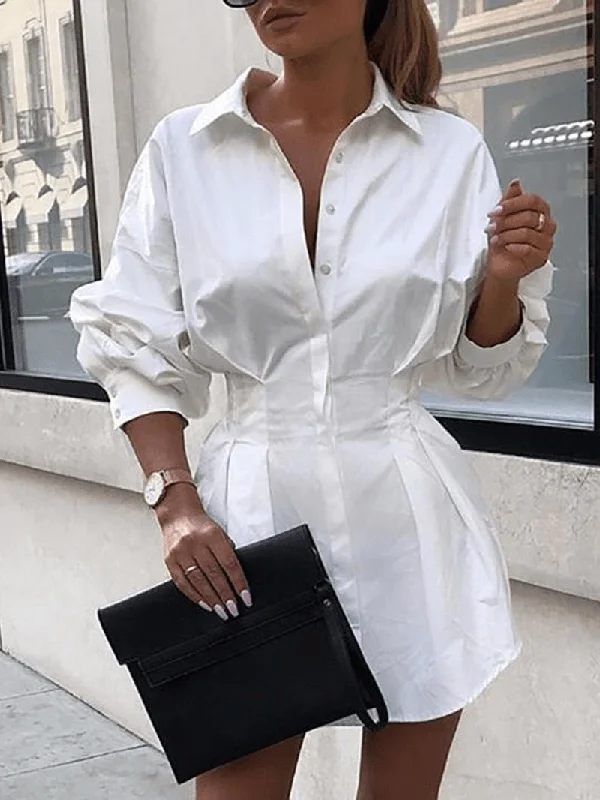 elegant shift dressWomen Solid Lapel Long Sleeves Tie Waist Casual Shirt Dress