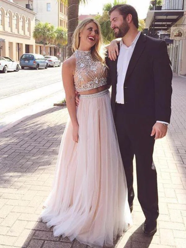 Online Only Two Pieces Prom Dresses,Long Prom Dress 2022 A-line Tulle Beaded JW113