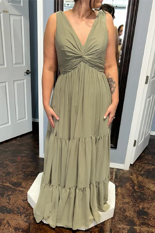 satin midi dressDusty Sage Deep V Neck Twist Knot Ruffles Chiffon Long Bridesmaid Dress