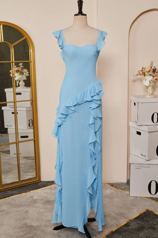 chic dressLight Blue Flaunt Sleeves Mermaid Ruffled Long Bridesmaid Dress with Slit