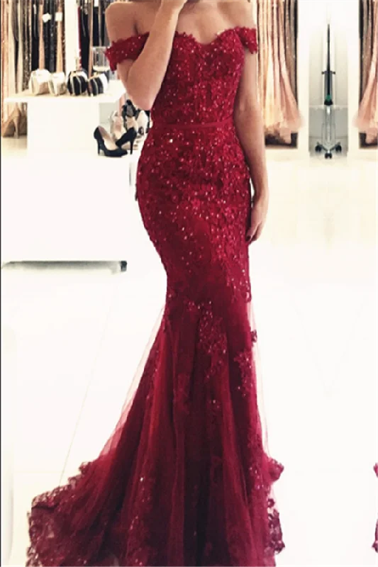 Epic Deals Gorgeous Off-the-shoulder Lace Appliques Red Mermaid Evening Dress