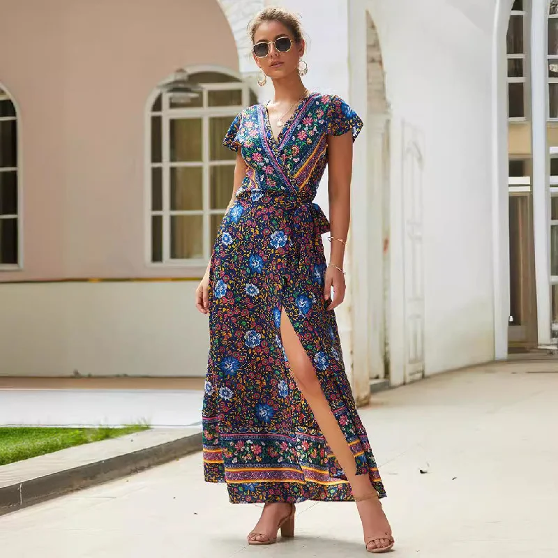 trendy dressV-neck Split Bohemian Print Dress