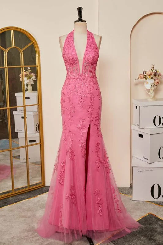 Unmissable Offer printed dressPink Plunging Halter Appliques Mermaid Long Prom Dress with Slit Unmissable Offer printed dressPink Plunging Halter Appliques Mermaid Long Prom Dress with Slit