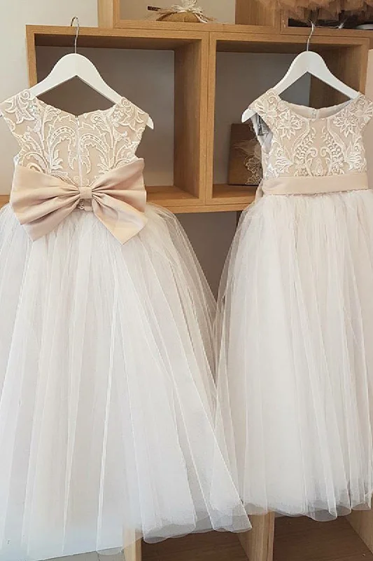 chic dressA-Line Champagne and Ivory Long Flower Girl Dress with Bow