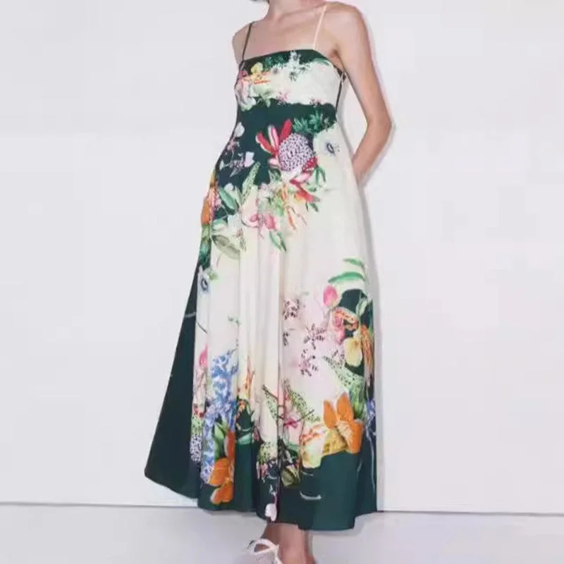 sleek midi dressSpaghetti-strap Floral Print Pocket Dress Loose Vacation