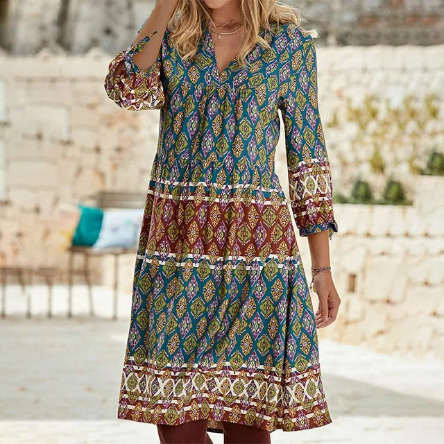 flowy evening dressVintage Ethnic Geometric Print Dress