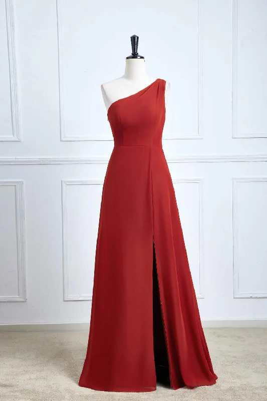 evening dressRust One Shoulder A-line Chiffon Long Bridesmaid Dress with Slit