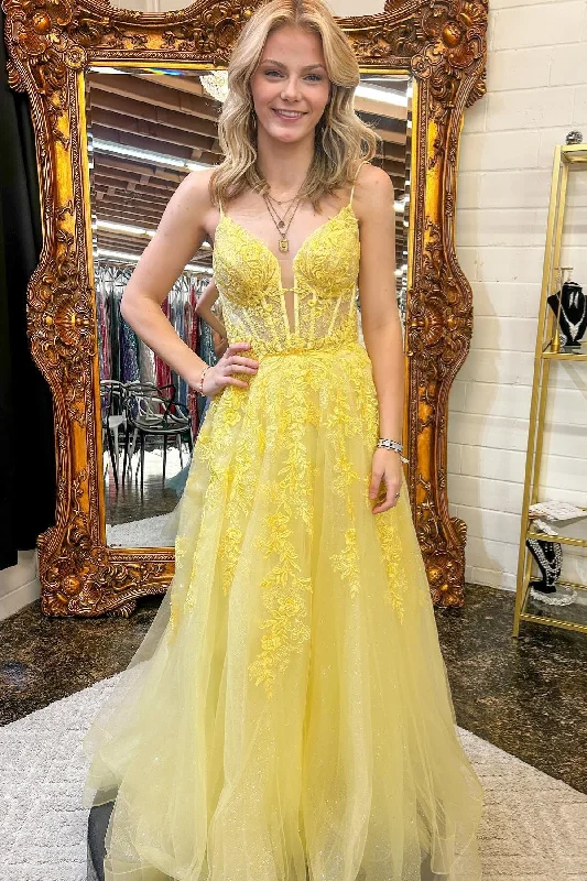 summer floral dressYellow Floral Spaghetti Straps A-line Long Prom Dress