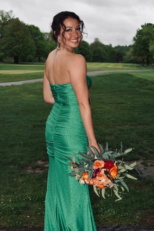 sleek dressStrapless Green Beaded Ruched Long Prom Dress