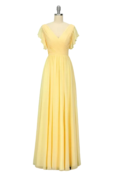 sleek midi dressElegant V Neck Pleated Yellow Bridesmaid Dress with Ruffles