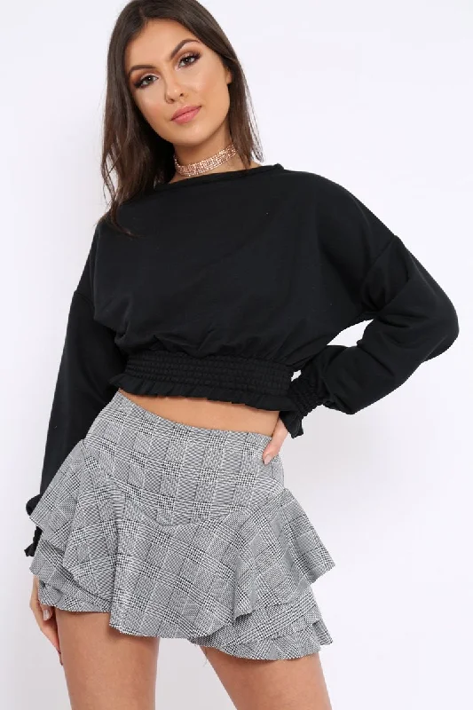 Time-Limited Offer sporty pullover hoodieBlack Cropped Sweatshirt with Shirred Elasticated Hems - Lillie