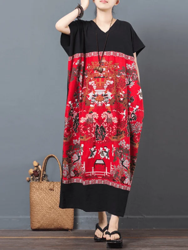 printed dressFolk Style Print Patchwork Maxi Dresses