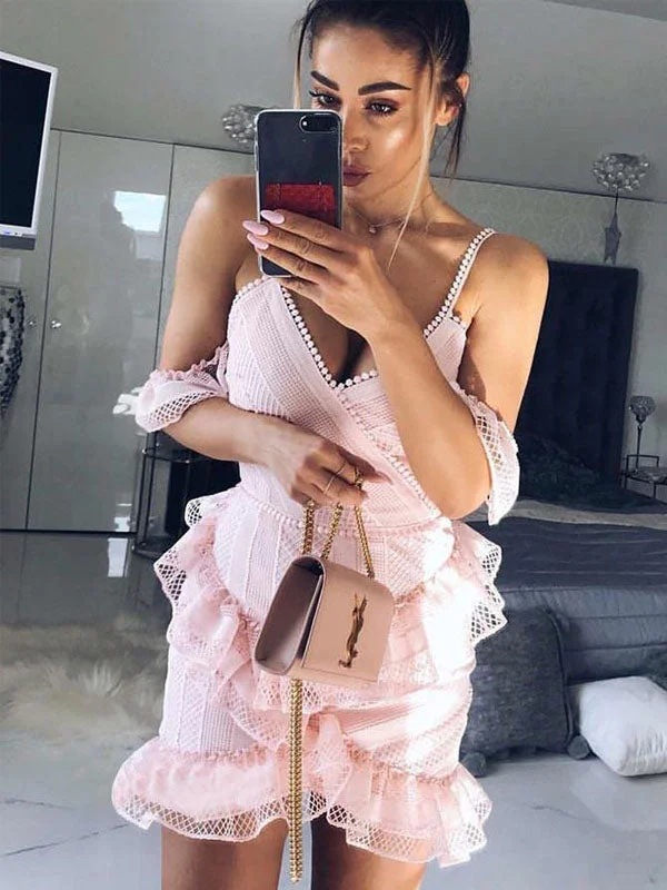 Sale Event Pink Lace Sheath/Column Spaghetti Straps Cute Homecoming Dress AN12301