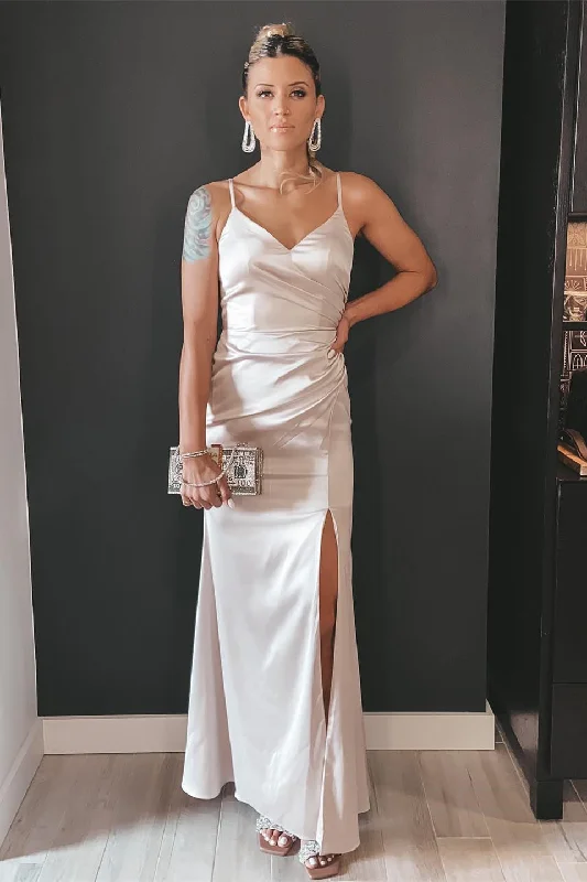 Price Slash playful dressBeige V-Neck Ruched Long Bridesmaid Dress with Slit