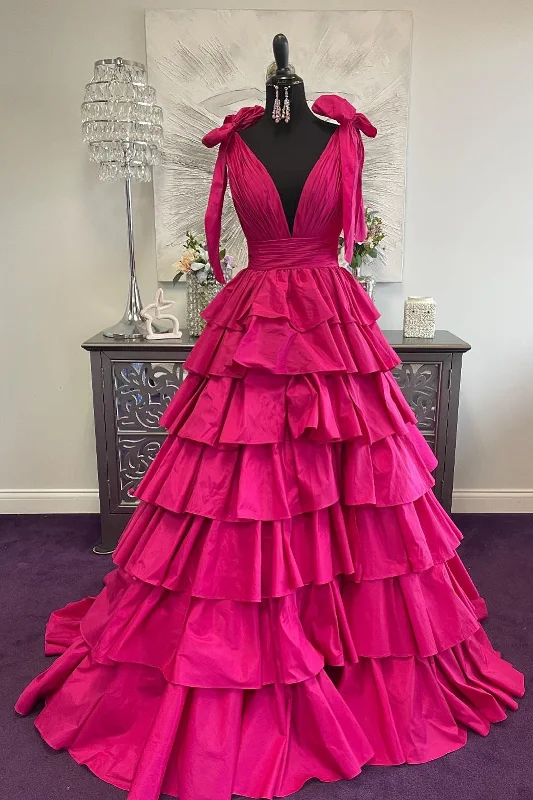 trendy wrap dressFuchsia Bow Tie Straps Layers Plunging V Long Prom Dress