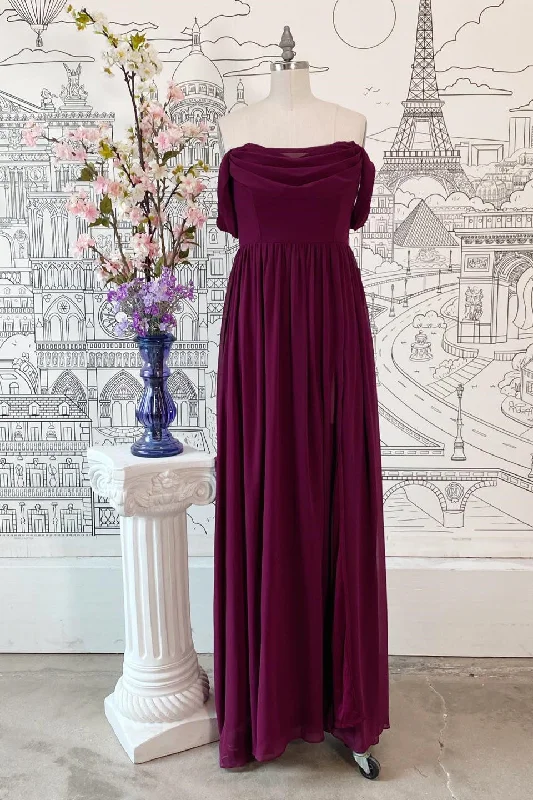 comfy dressRaspberry Off-the-Shoulder Cowl Neck Chiffon Long Bridesmaid Dress