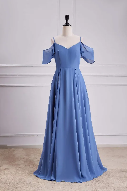 pleated maxi dressBlue Cold Shoulder A-line Chiffon Long Bridesmaid Dress