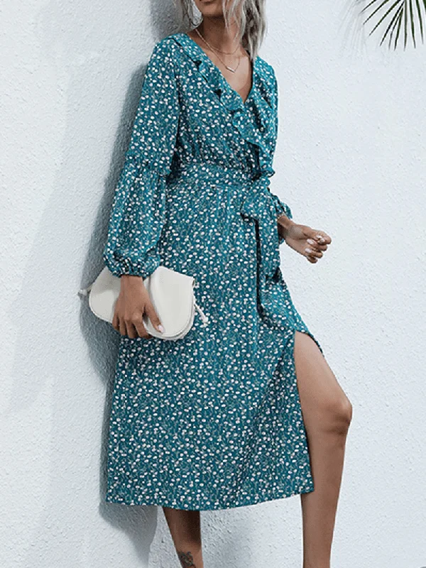 romantic dressWomen Floral Print Ruffle Trims V-Neck Long Sleeve Casual Midi Dress