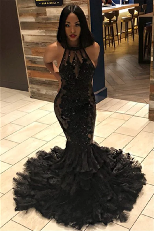 Buy Now Elegant Black Mermaid Halter Sleeveless Open Back Applique Prom Dresses