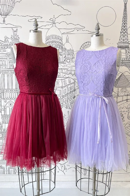 Special Discount casual dressA-line Scoop Neck Tulle Lace Mini Bridesmaid Dress with Sash