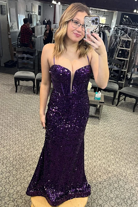 form-fitting dressPurple Sequins Spaghetti Straps Mermaid Long Prom Dress