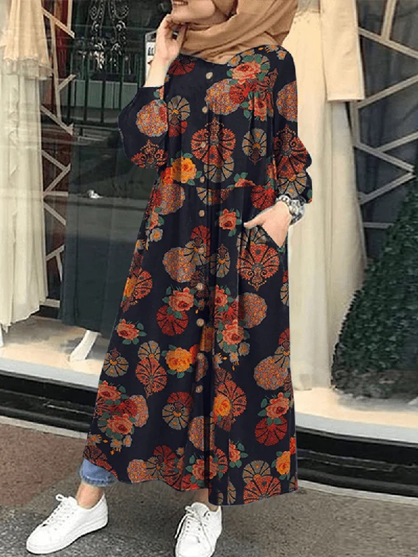 wrap dressWomen Retro Floral Print O-Neck Button Robe Shirt Maxi Dress with Pocket