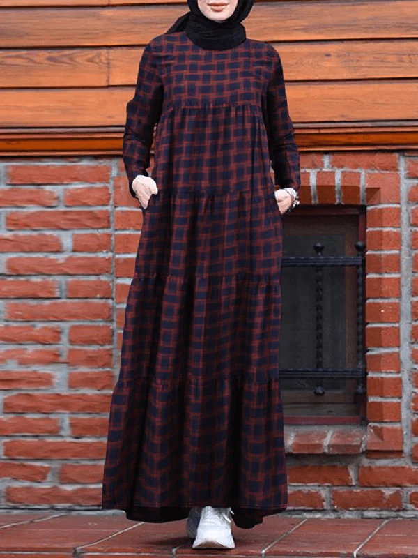 A-line dressWomen Vintage Plaid round Neck Kaftan Casual Long Sleeve Maxi Dresses with Pocket