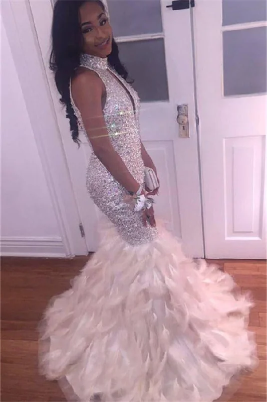 Hot Deal Gorgeous Mermaid High Neck Prom Party Gowns| Crystals Prom Party Gowns