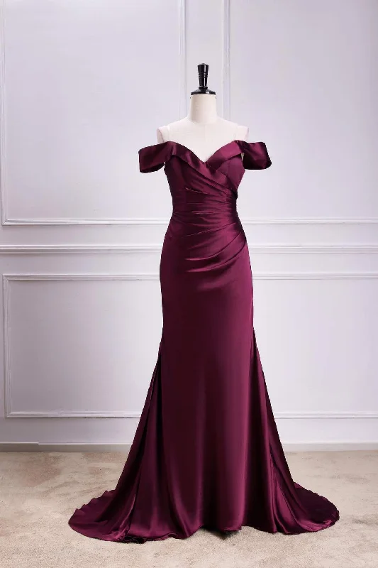 ruched dressRaspberry Off-Shoulder Mermaid Satin Long Bridesmaid Dress