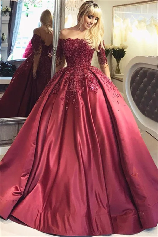 Can't Miss Burgundy Off-the-Shoulder Long-Sleeves Crystal Appliques Ball Prom Dresses Can't Miss Burgundy Off-the-Shoulder Long-Sleeves Crystal Appliques Ball Prom Dresses