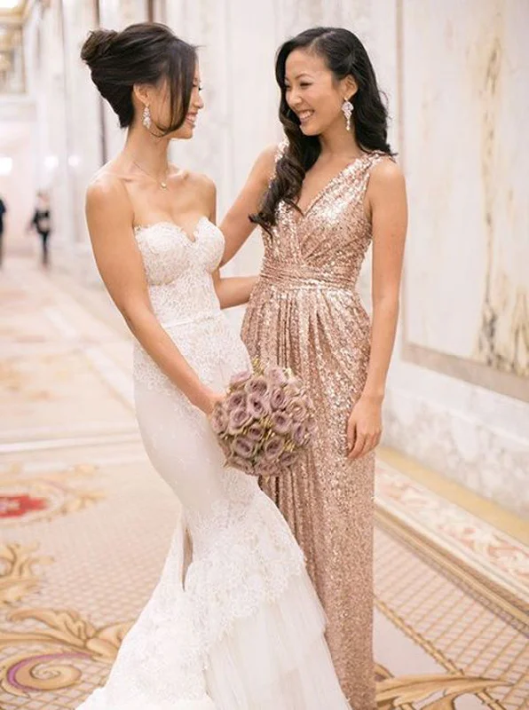 long sleeve dressElegant V-Neck Floor Length Sequins Gold Bridesmaid Dress