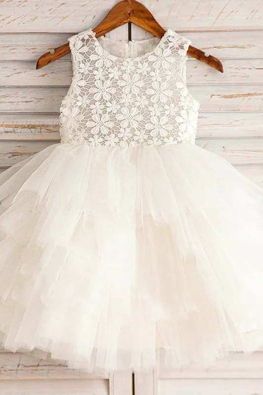 spaghetti strap dressCute Ball Gown White Lace and Tulle Flower Girl Dress