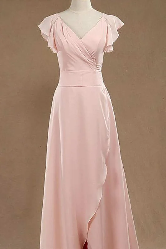Online Only off-shoulder dressBlush Pink V-Neck Ruffled Long Bridesmaid Dress