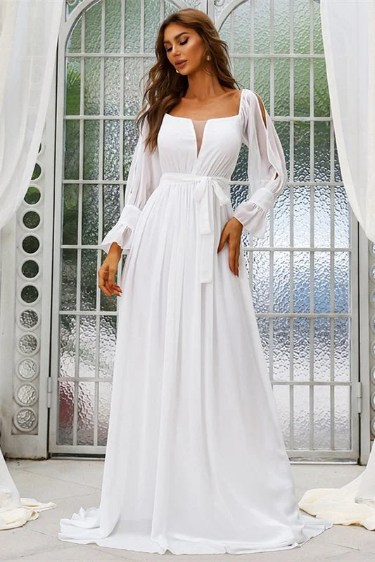 summer floral dressSimple White Chiffon Long Sleeves Boho Wedding Dress