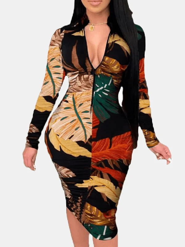 fitted dressWomen Plant Leaves Print Long Sleeve Zipper Elegant Midi Dress