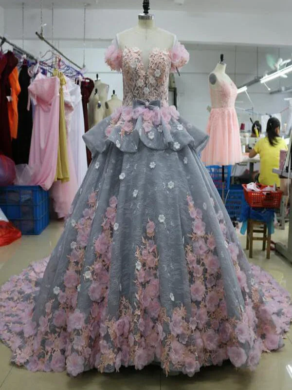 Last Chance Ball Gown Prom Dresses Floral Lace Sweep Train Luxury Long Beautiful Prom Dress JKL1366