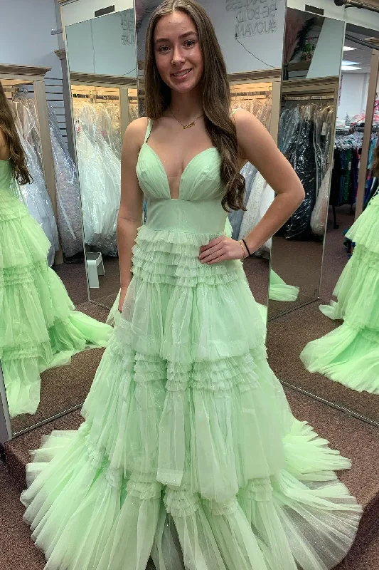 elegant maxi dressLemon Green Layers Spaghetti Straps A-line Long Prom Dress