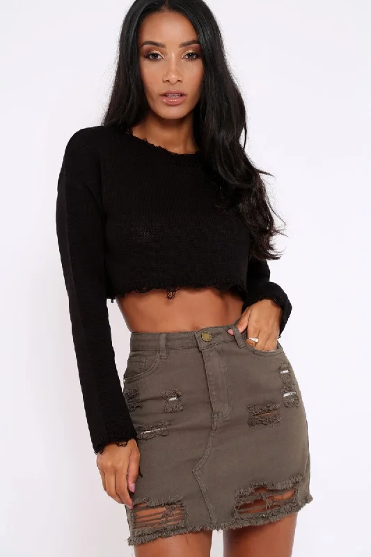 Take Advantage simple crewneck pulloverBlack Distressed Cropped Jumper - Porta