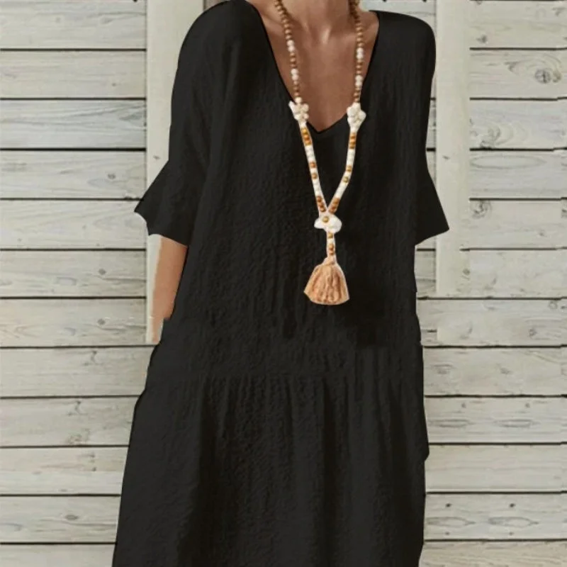 Markdown Madness trendy wrap dressCotton And Linen Solid Color Half Sleeves Bell Sleeve V-neck Large A-line Dress Markdown Madness trendy wrap dressCotton And Linen Solid Color Half Sleeves Bell Sleeve V-neck Large A-line Dress