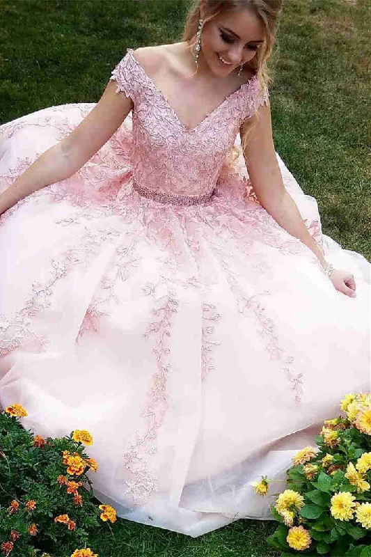 Stock Clearance chic dressPrincess V Neck Pink Lace Appliques Long Prom Dress with Cap Sleeves Stock Clearance chic dressPrincess V Neck Pink Lace Appliques Long Prom Dress with Cap Sleeves