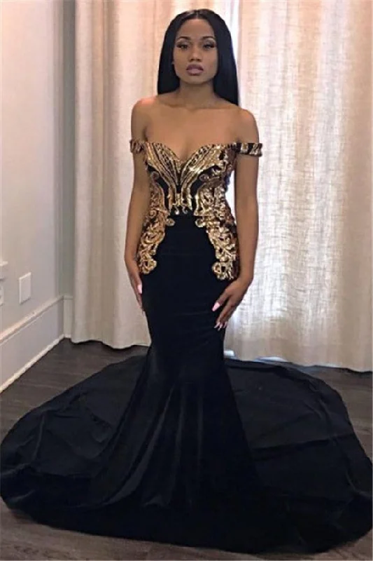 Value Deals Unique Off-the-Shoulder Appliques Mermaid Sweep Train Prom Dresses